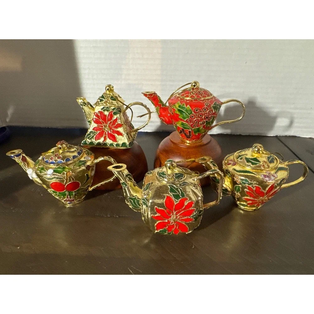 Cloisonne Enamel Teapot Christmas Ornaments Gold Poinsettia Holly Floral Set-5